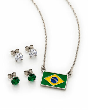 Kit Colar Brasil em Aço Inox + 2 par Brinco - 1 par Verde e 1 par Cristal