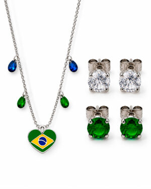 Kit Colar Brasil Gotinha Zircônia + 2 par de Brincos - 1 par Verde e 1 par Cristal